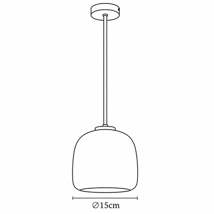 Black line drawing of a hanging pendant light with a circular ceiling canopy, downrod, and dome-shaped shade, with a dimension label reading “Ø15cm” below the shade.