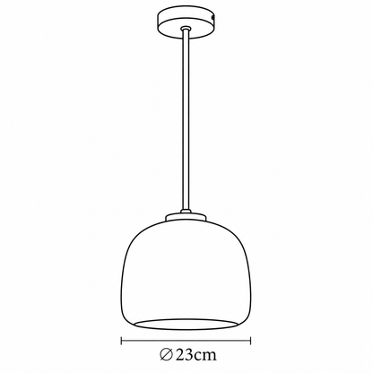 Black line drawing of a hanging pendant light with a circular ceiling canopy, downrod, and dome-shaped shade, with a dimension label reading “Ø23cm” below the shade.