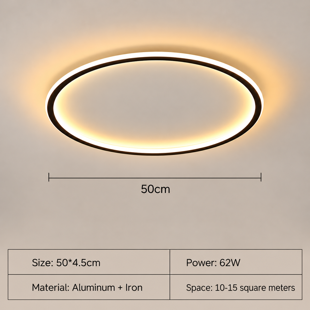 An oval LED ceiling light fixture shown illuminated against a plain wall, with a dimension line indicating a width of 50cm. Below the product, a specification table lists size, power, material, and installation space.