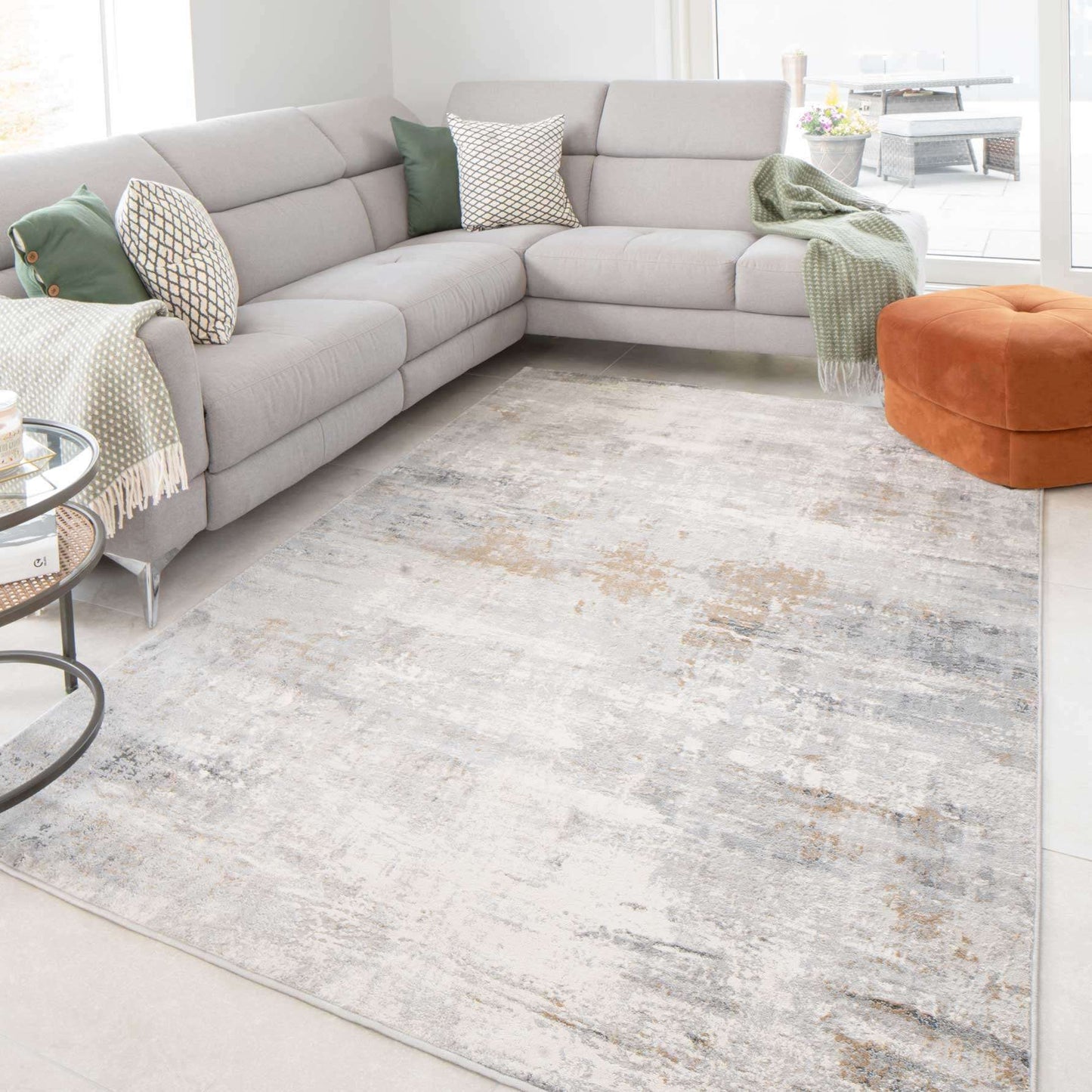 Modern Abstract Living Room Rug with Soft Grey & Gold Accents | Distressed Design for Luxurious Comfort 1