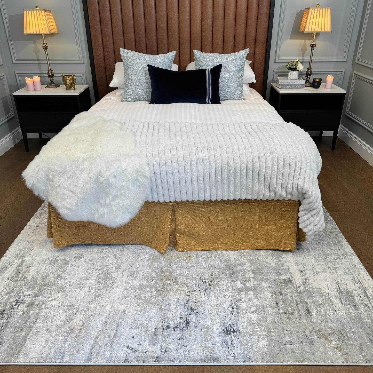 Modern Abstract Living Room Rug with Soft Grey & Gold Accents | Distressed Design for Luxurious Comfort 2