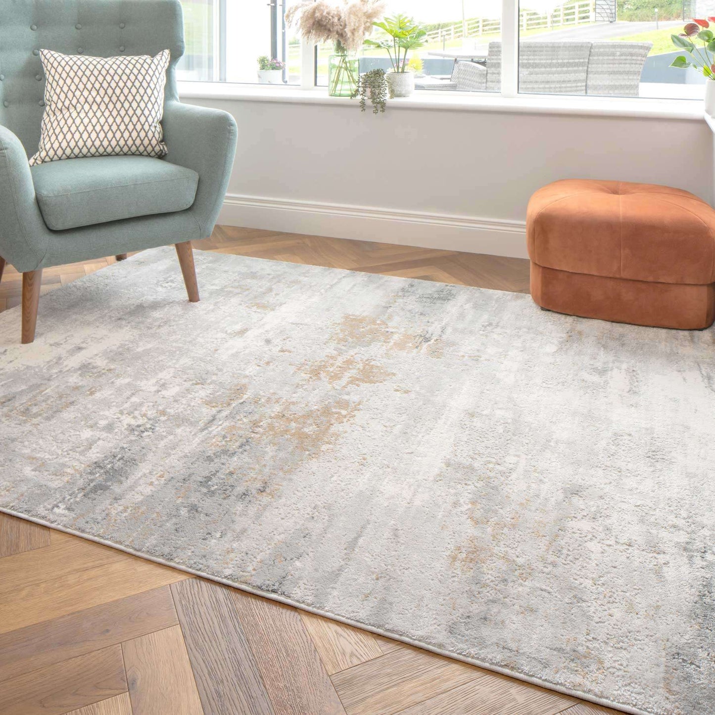 Modern Abstract Living Room Rug with Soft Grey & Gold Accents | Distressed Design for Luxurious Comfort 3
