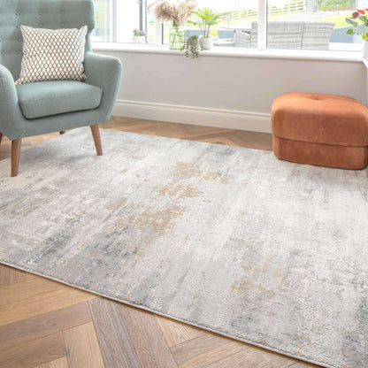 Modern Abstract Living Room Rug with Soft Grey & Gold Accents | Distressed Design for Luxurious Comfort 3