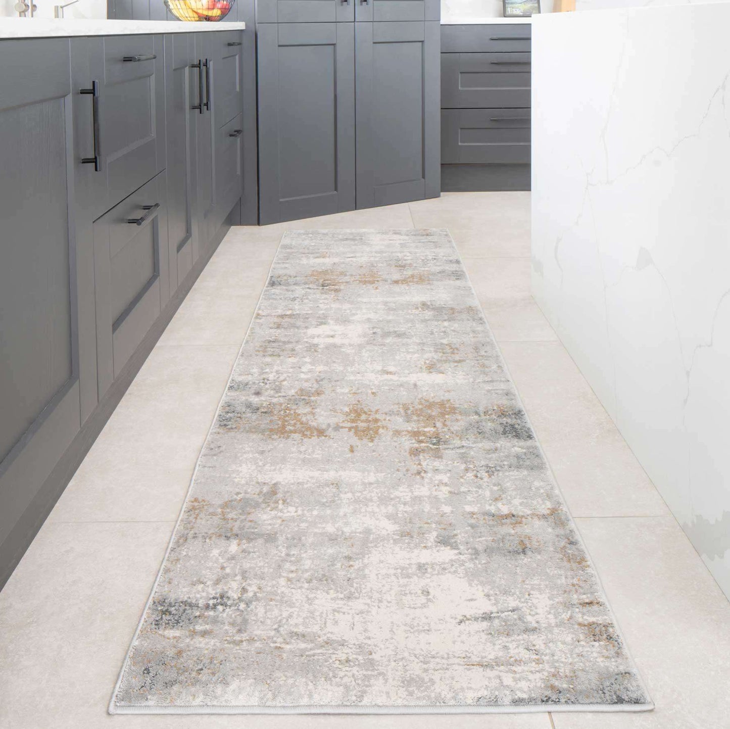 Modern Abstract Living Room Rug with Soft Grey & Gold Accents | Distressed Design for Luxurious Comfort 4