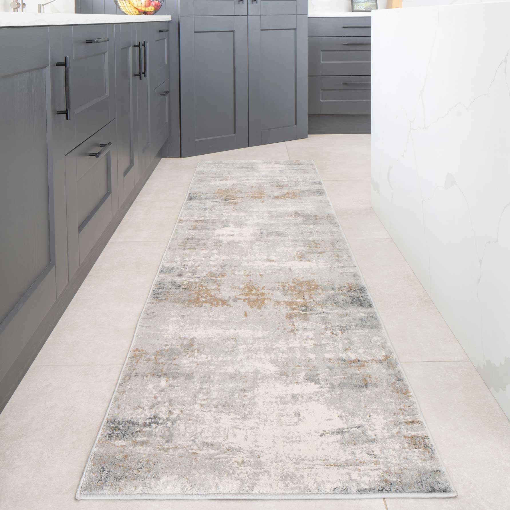 Modern Abstract Living Room Rug with Soft Grey & Gold Accents | Distressed Design for Luxurious Comfort 4