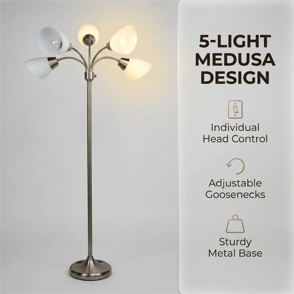Modern Floor Lamp | Adjustable 5-Head Design with Stable Base | Versatile Lighting for Reading and Work 2