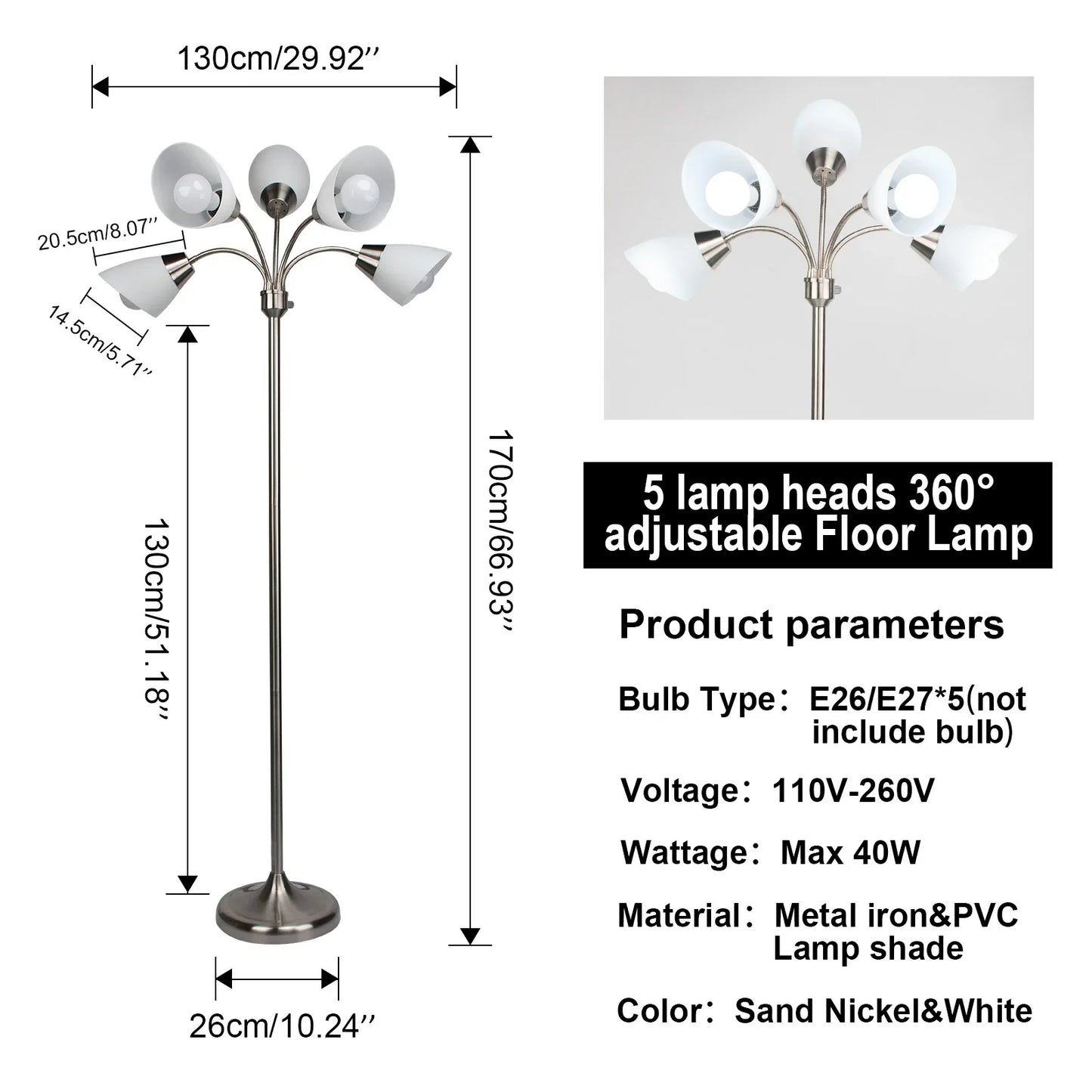 Modern Floor Lamp | Adjustable 5-Head Design with Stable Base | Versatile Lighting for Reading and Work 4