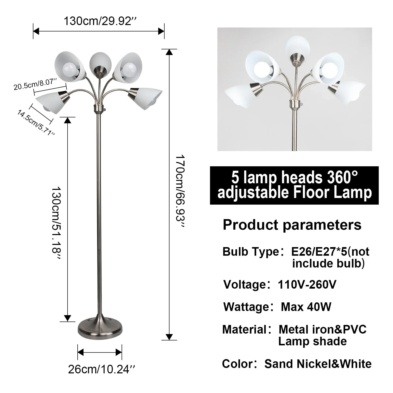 Modern Floor Lamp | Adjustable 5-Head Design with Stable Base | Versatile Lighting for Reading and Work 4