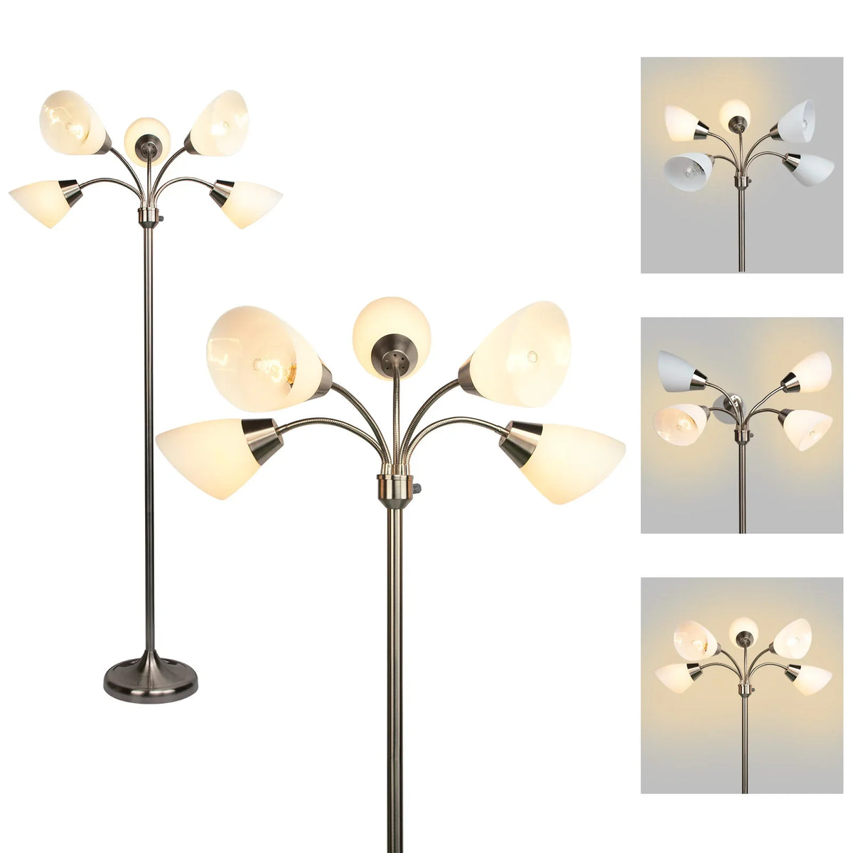 A multi-light floor lamp with a brushed metal stand and five curved arms ending in glowing frosted glass shades, shown on a white background with three smaller inset views showing different angles and illuminated states.