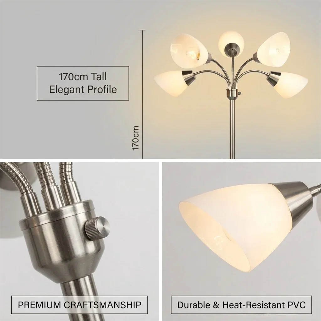 Modern Floor Lamp | Adjustable 5-Head Design with Stable Base | Versatile Lighting for Reading and Work 5