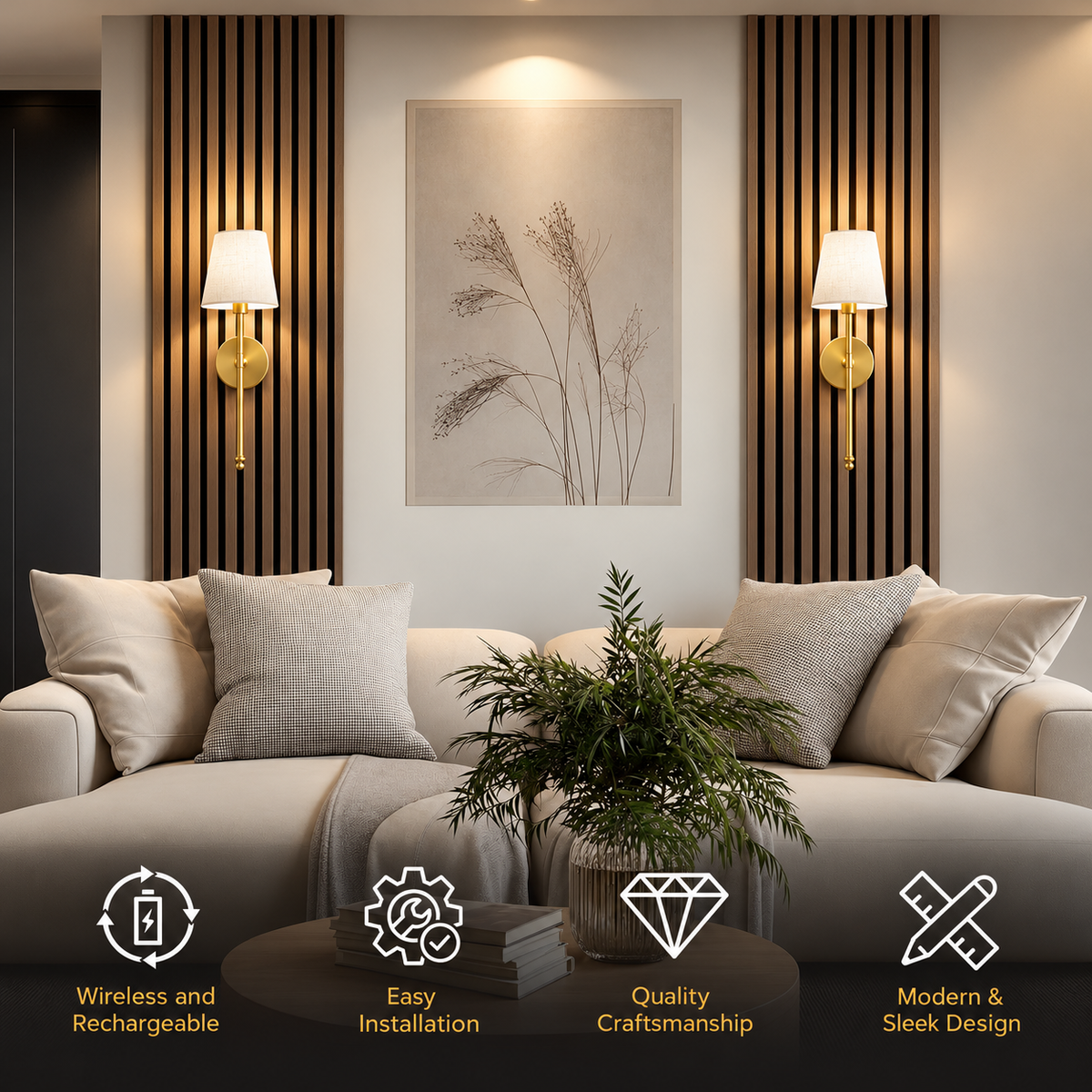 A modern living room scene with a light beige sofa, neutral pillows, a potted green plant on a dark round table, and two wall sconces flanking a central framed botanical print. Black overlay text at the bottom lists product features: wireless and rechargeable, easy installation, quality craftsmanship, and modern sleek design.