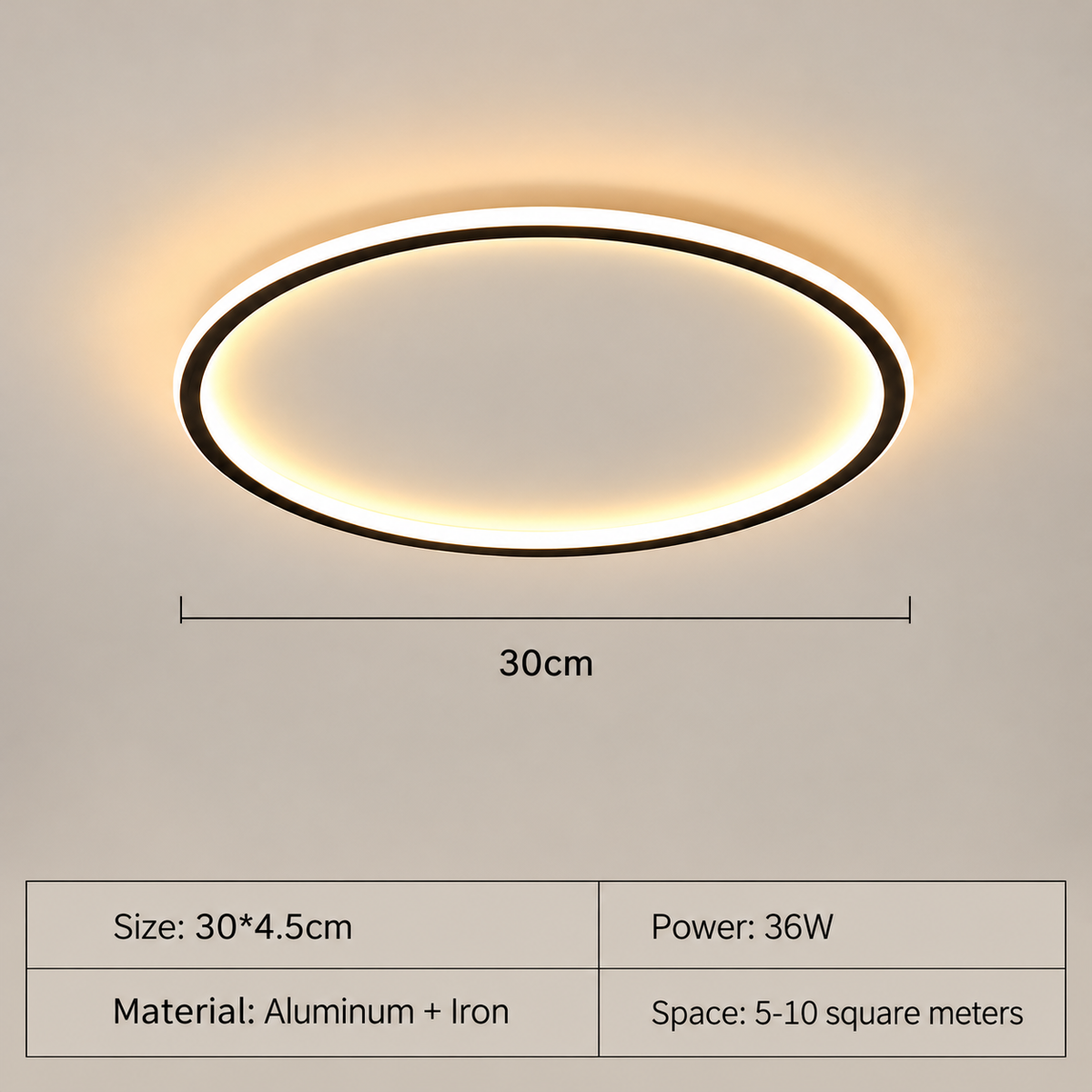 An oval LED ceiling light fixture with a black outer ring and warm white illumination, shown with a dimension label of 30cm and a specification table below on a plain light background.
