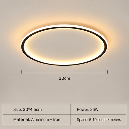 An oval LED ceiling light fixture with a black outer ring and warm white illumination, shown with a dimension label of 30cm and a specification table below on a plain light background.