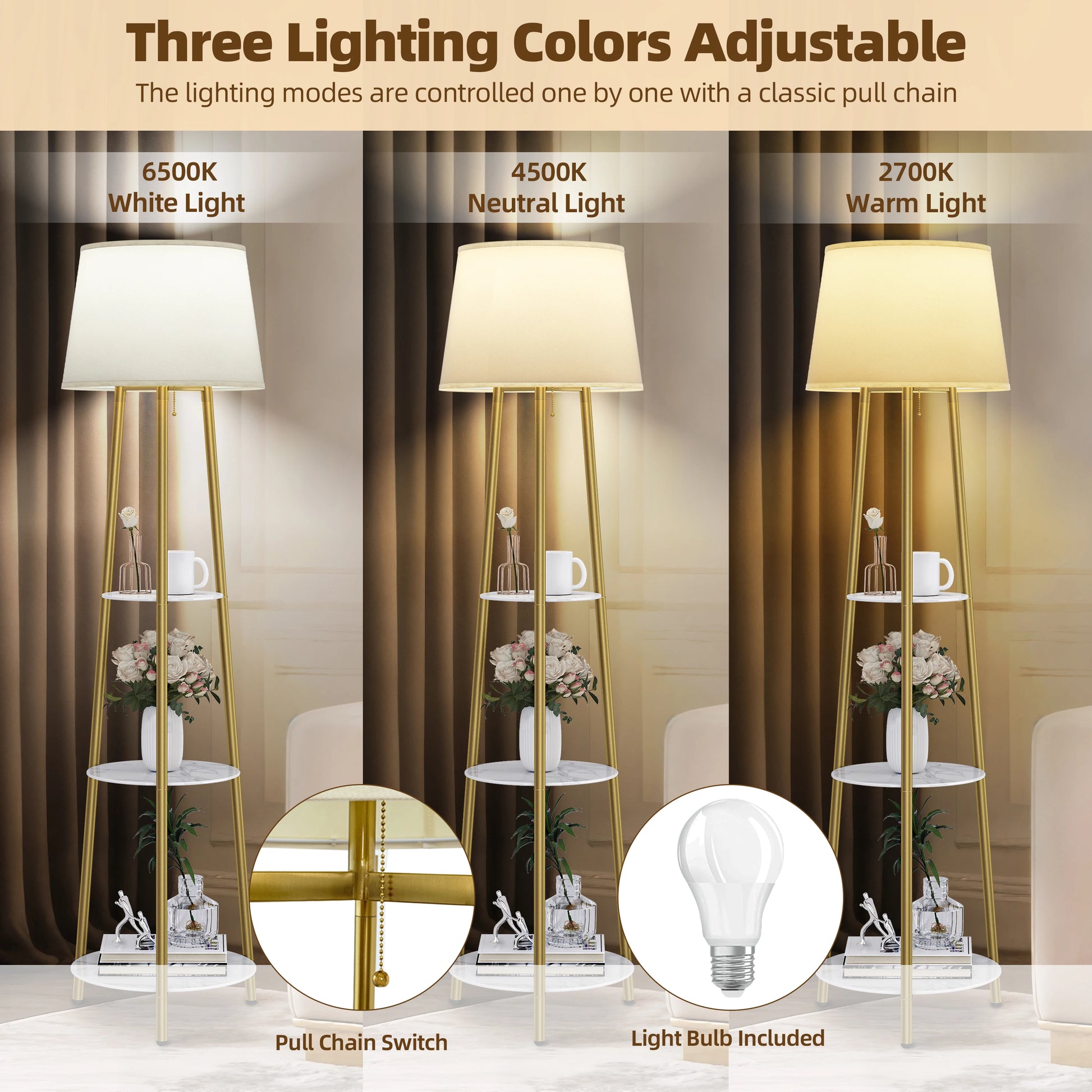 Modern Tripod Floor Lamp with Gold Frame & Adjustable Lighting | Stylish Home Decor for Any Room 6