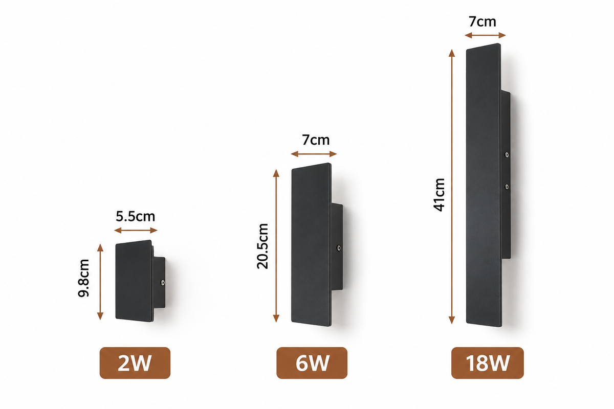 Three wall-mounted black light fixtures shown in different sizes with dimension labels: 2W at 5.5cm by 9.