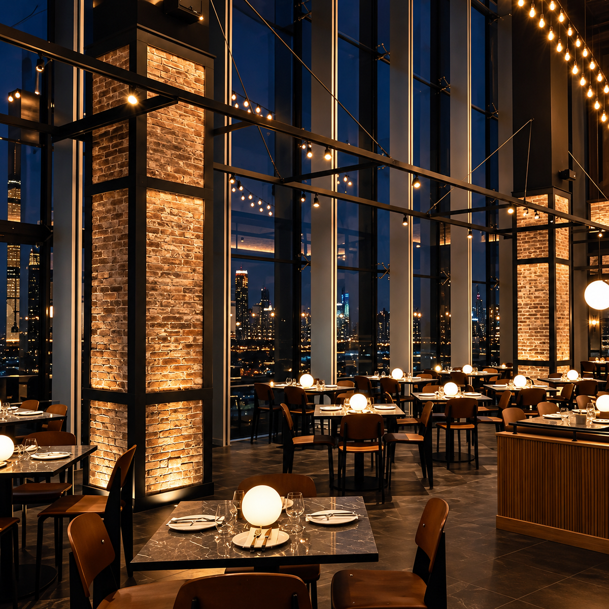 A modern restaurant interior with dark wood tables, chairs, and pendant lights, set against large floor-to-ceiling windows overlooking a city skyline at night. The space features exposed brick columns with warm underlighting and a dark wood bar counter in the foreground.