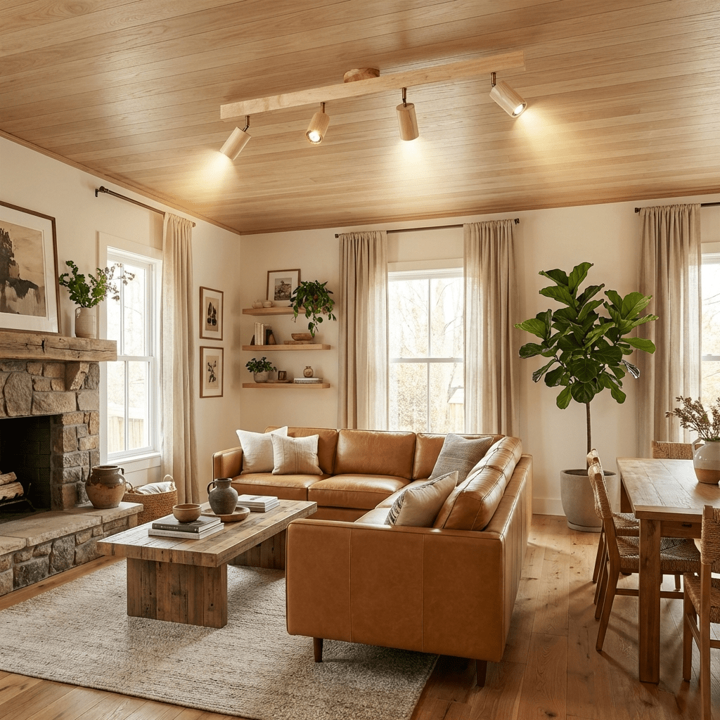 Natural Wood Beam | LED Track Lighting with Dimmable Feature | Stylish Illumination for Home Decor 3