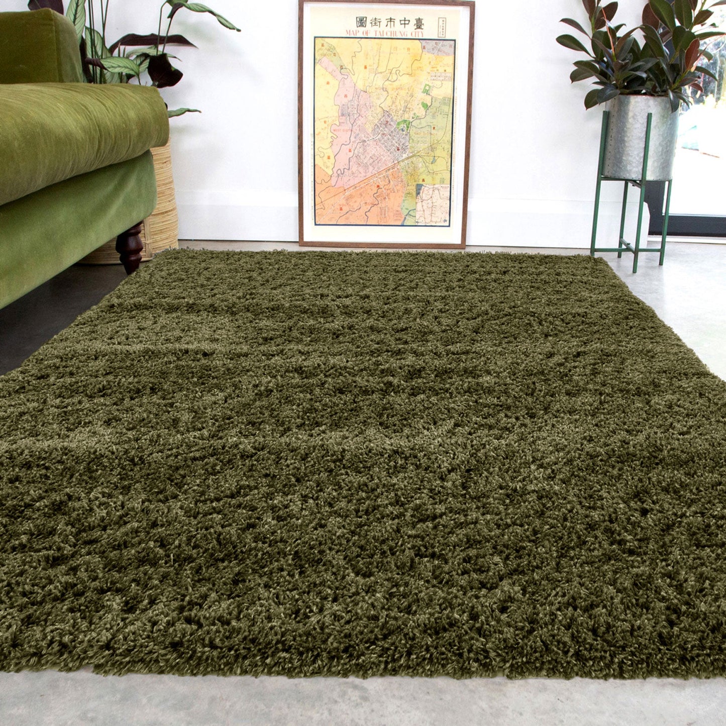 Green shaggy rug in a living room with a green sofa and plants.
