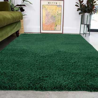 Green shaggy rug in a living room with a green sofa and decorative elements.