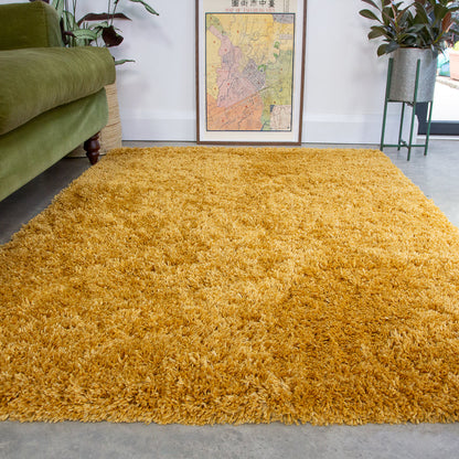 Yellow shaggy rug in a living room with a green sofa and framed map on the wall.