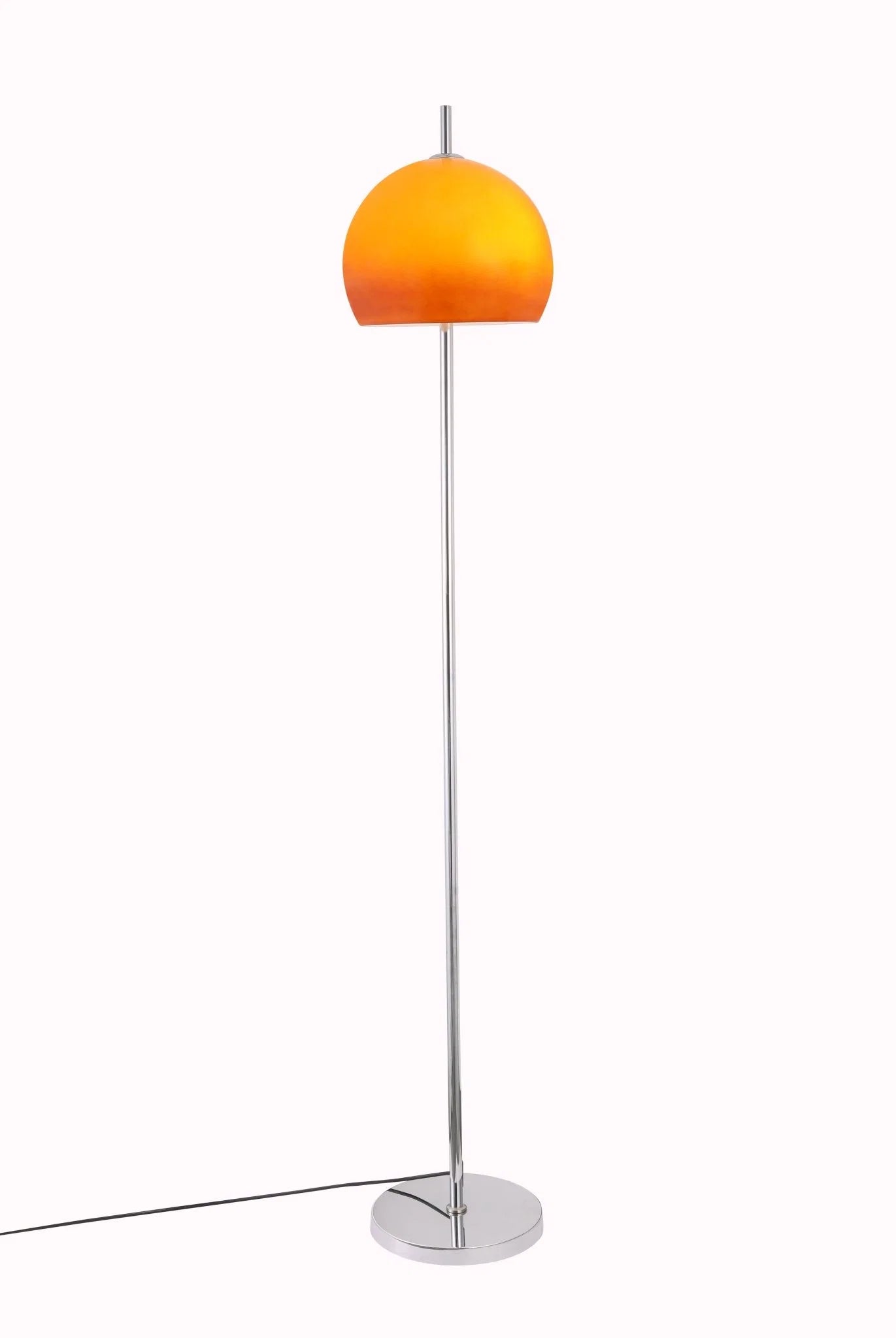 A modern floor lamp with a vibrant orange dome-shaped shade and a slim silver metal stand on a white background.
