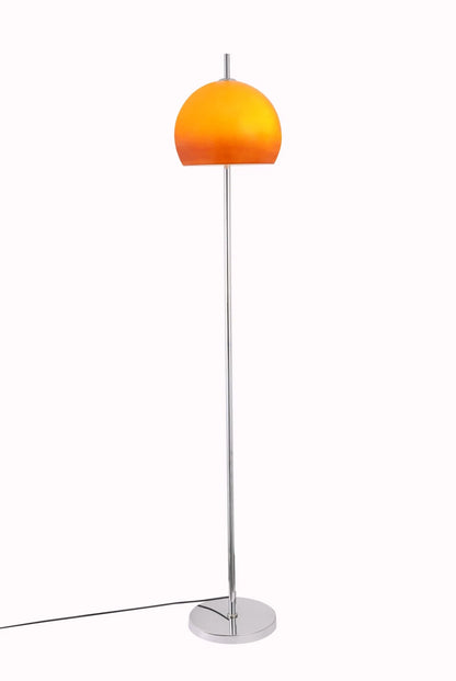 A modern floor lamp with a vibrant orange dome-shaped shade and a slim silver metal stand on a white background.