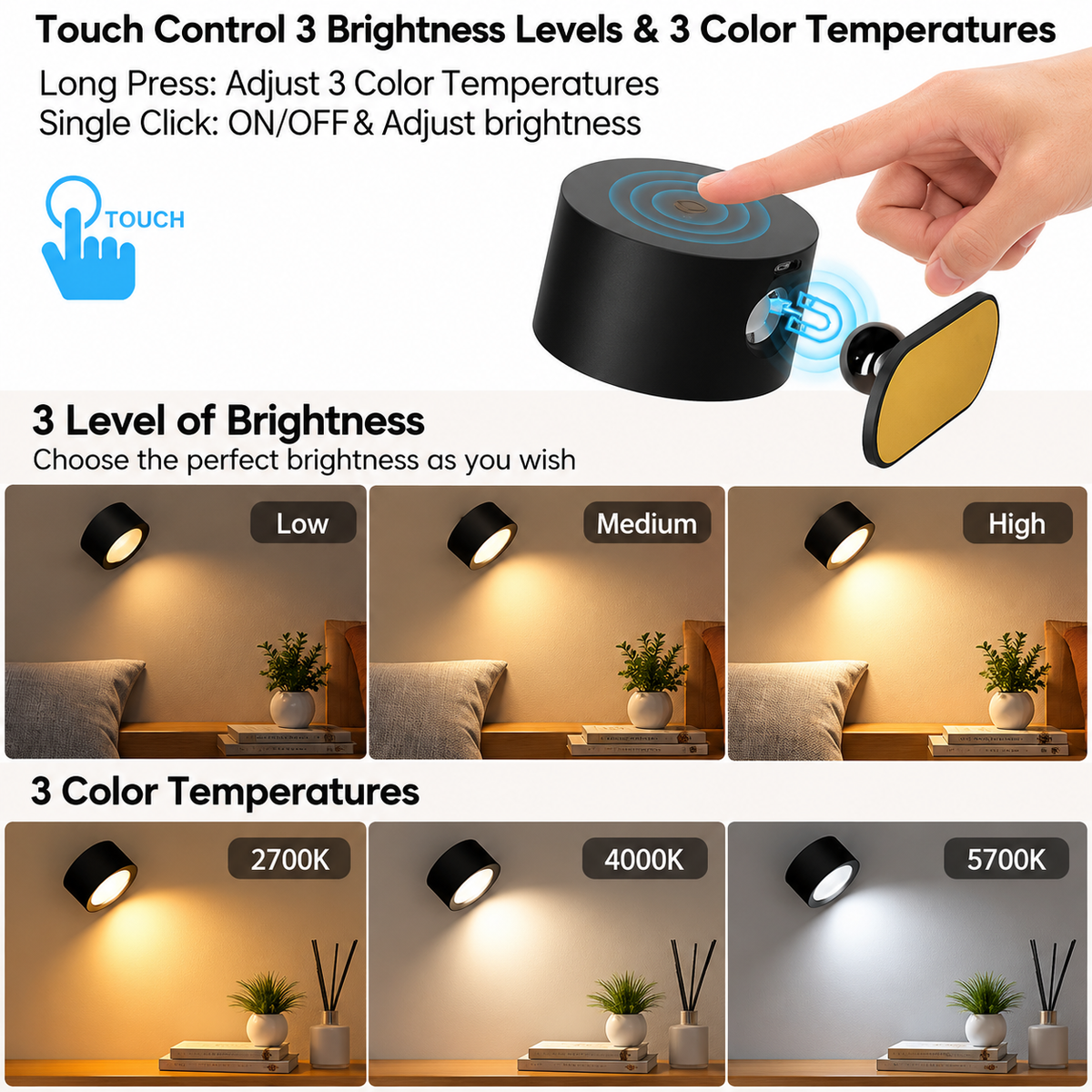 Touch control wall sconce with adjustable brightness and color temperature settings, shown with a finger pressing the top surface and six example lighting scenes labeled Low, Medium, and High brightness with 2700K, 4000K, and 5700K color temperatures.
