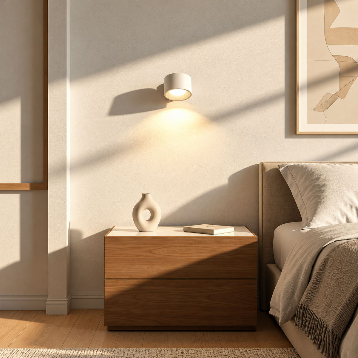 A modern bedroom scene with a wooden nightstand, a lit wall sconce casting warm light on a beige wall, a small white vase and book on top, and part of a bed with neutral bedding at right.