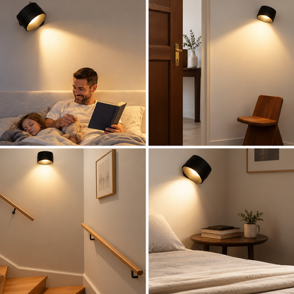 A four-panel collage showing black cylindrical wall sconces mounted on beige walls in a bedroom, hallway, and staircase setting, casting warm light. One panel shows a man reading in bed under the sconce, and another shows the sconce above a wooden chair in an open doorway.