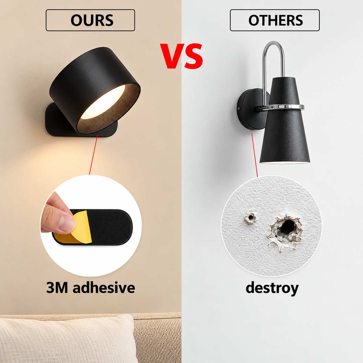A comparison graphic showing two wall sconces side by side labeled 'OURS' and 'OTHERS' with a red 'VS' between them. The left sconce is matte black with a visible 3M adhesive tab removal inset showing a hand peeling off the yellow adhesive, captioned '3M adhesive'.