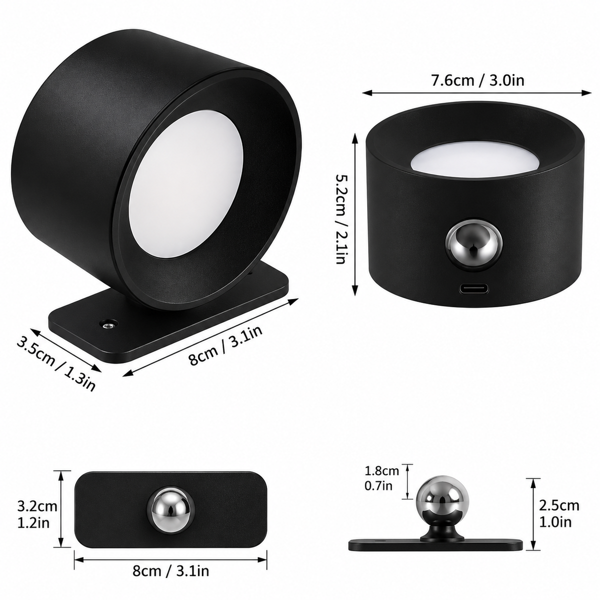 Black cylindrical wall light with a flat mounting base, shown from multiple angles with dimension labels on a white background.
