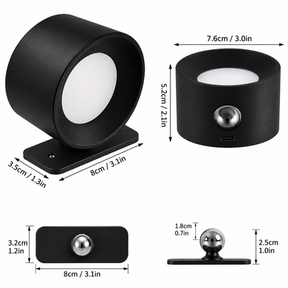 Black cylindrical wall light with a flat mounting base, shown from multiple angles with dimension labels on a white background.