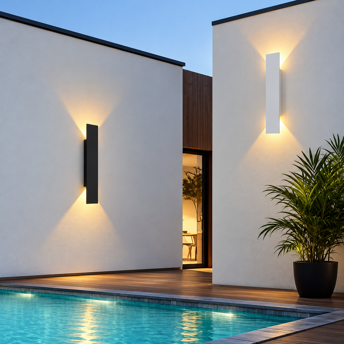 Modern vertical wall sconces in black and white finishes mounted on white stucco houses, casting warm light onto a pool deck and swimming pool at dusk.
