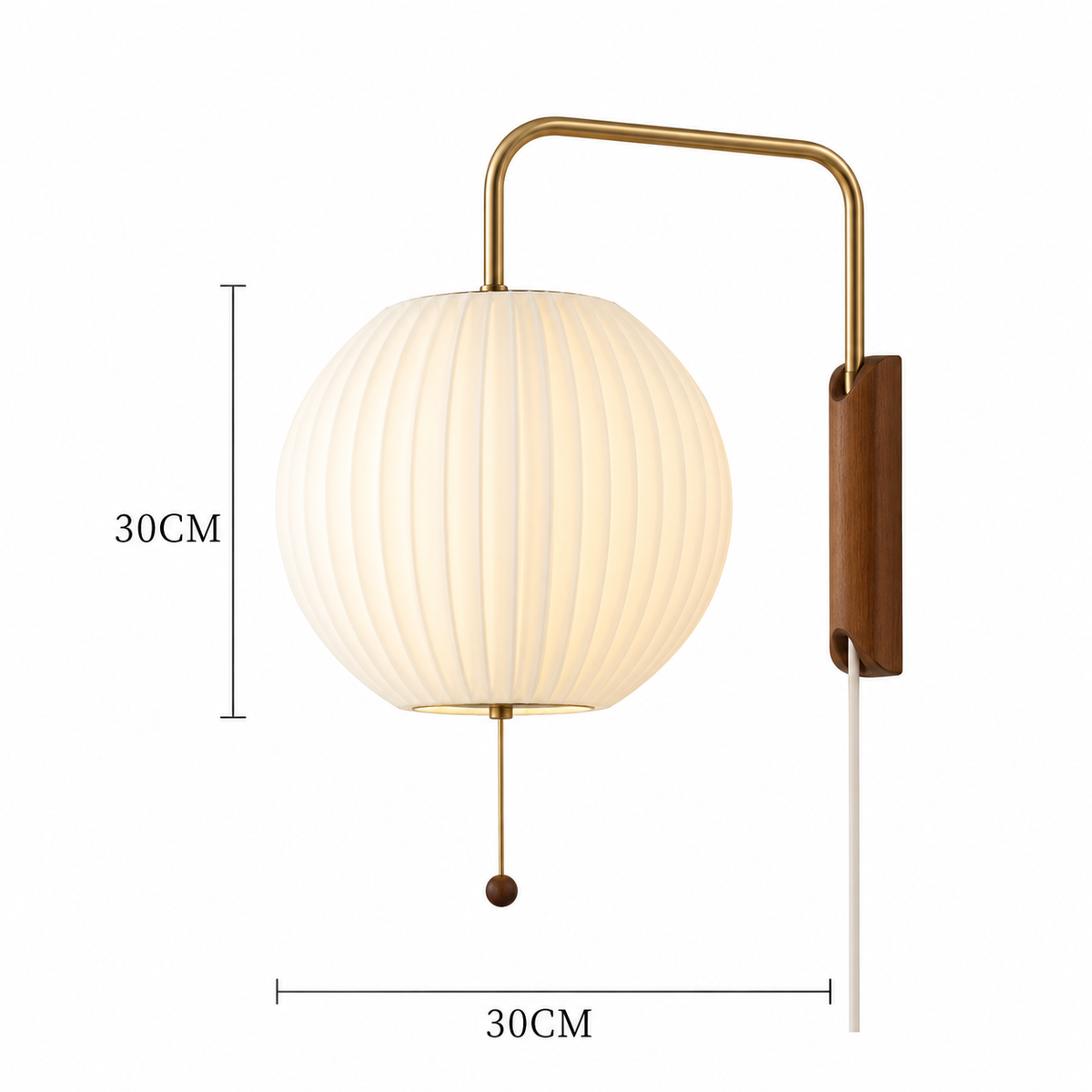 A spherical pleated white wall lamp with a curved brass arm and wooden wall mount, shown with dimension lines indicating 30CM height and 30CM width.