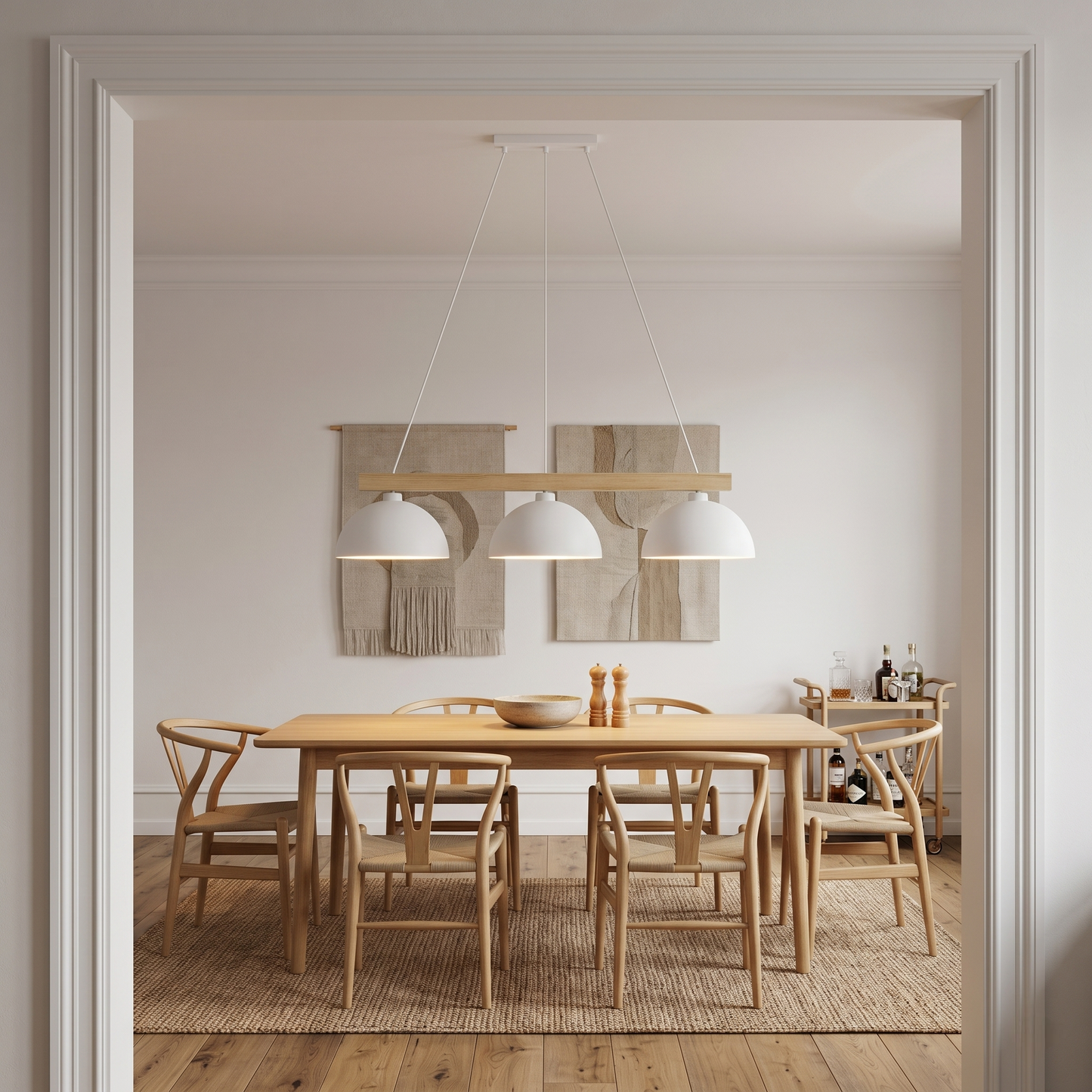 Scandinavian 3-Light Pendant Light with Natural Wood Beam | Elegant Kitchen Island Lighting for Dining Spaces 0