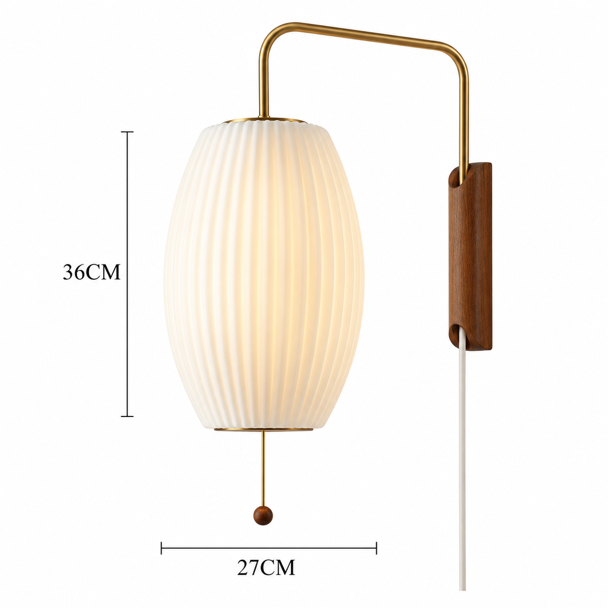 A wall-mounted light fixture with a ribbed white oval shade, gold-toned metal arm and pull chain, and a brown wood backplate, shown on a white background with dimension labels reading 36CM and 27CM.