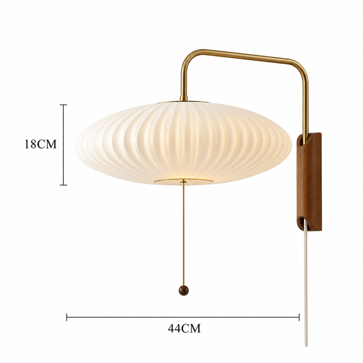 A wall-mounted light fixture with a ribbed oval white shade, curved brass arm, and brown wall plate, shown with dimension lines indicating 18CM height and 44CM width on a white background.