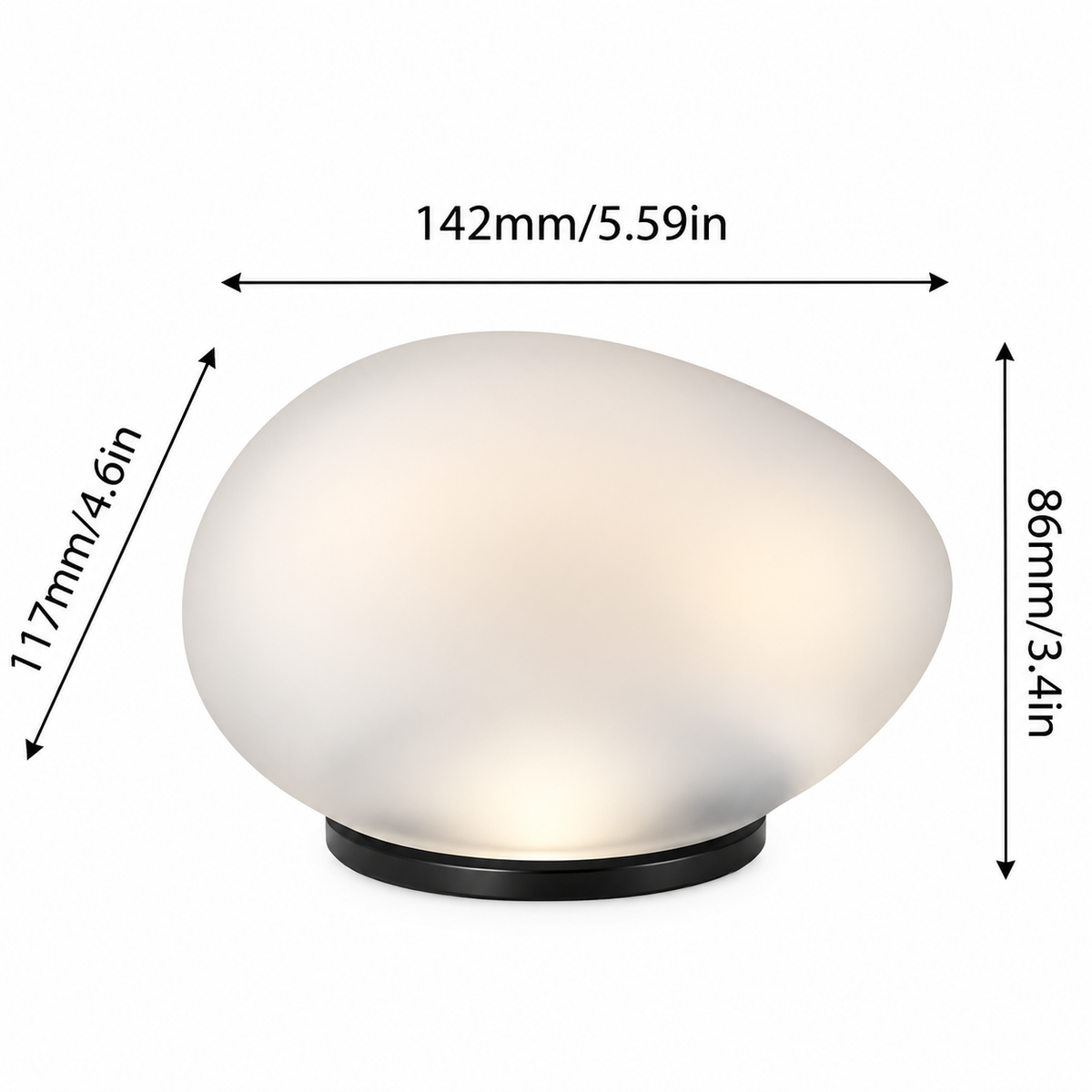 A small oval table lamp with a frosted white glass shade and a black circular base, shown with dimension arrows and labels indicating 142mm width and 86mm height on a white background.