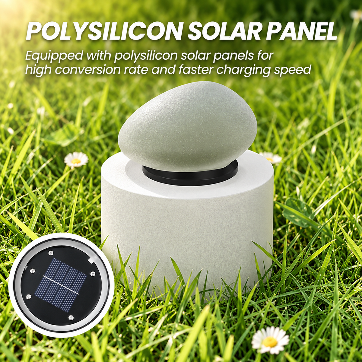 A cylindrical white solar light base with a smooth gray stone on top, shown outdoors on green grass. Large text at the top reads 'POLYSILICON SOLAR PANEL,' and a circular inset at lower left shows the solar panel detail.