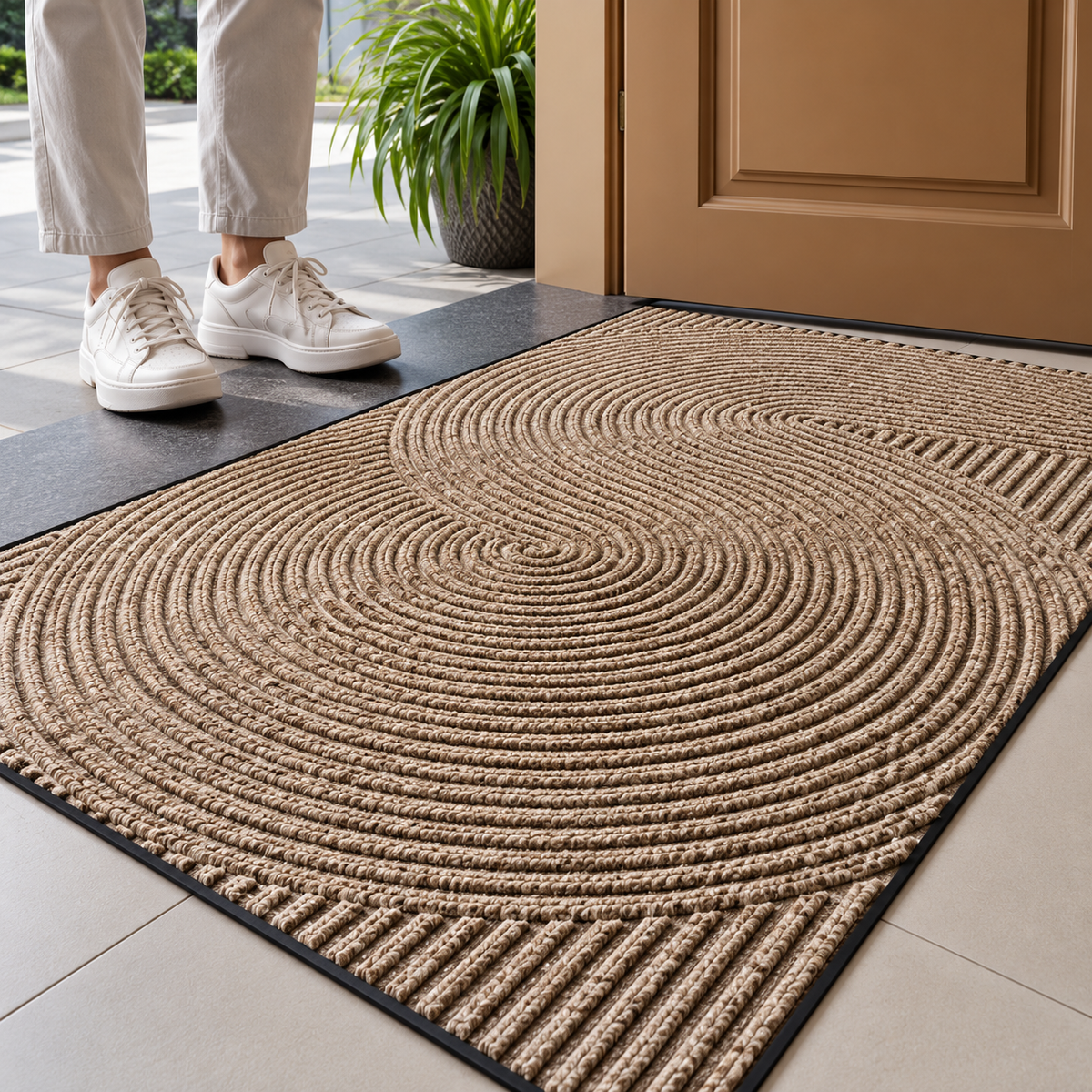 A rectangular woven doormat with a circular ribbed pattern and black border, shown at a door threshold. A person wearing light pants and white sneakers stands on the mat, with a potted plant and tan door visible in the background.