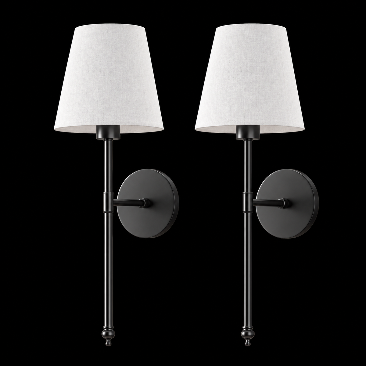 A pair of modern wall sconces with tapered white fabric shades and matte black metal arms, shown against a solid black background.