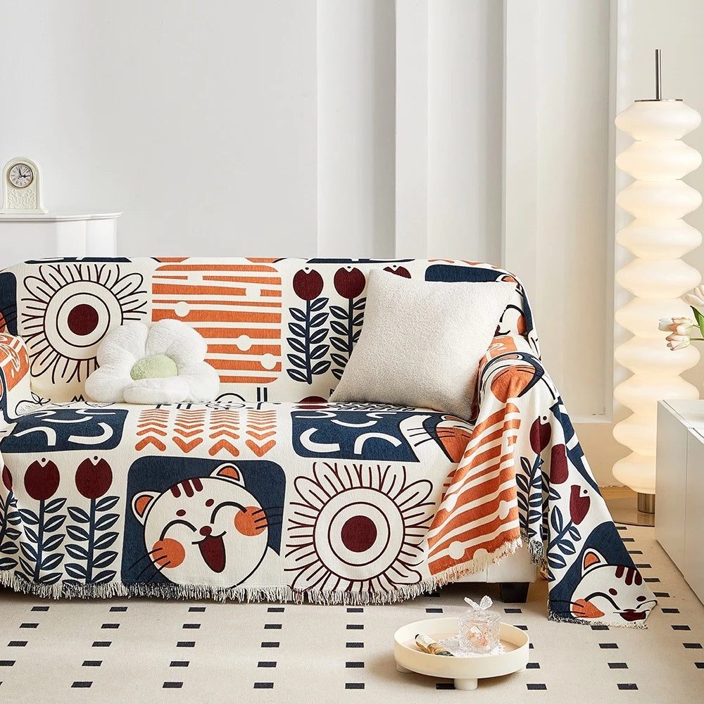 Tassel Tide | Couch Cover with Jacquard Design & Tassels | Lightweight Cotton Linen Protector for All-Season Style 0