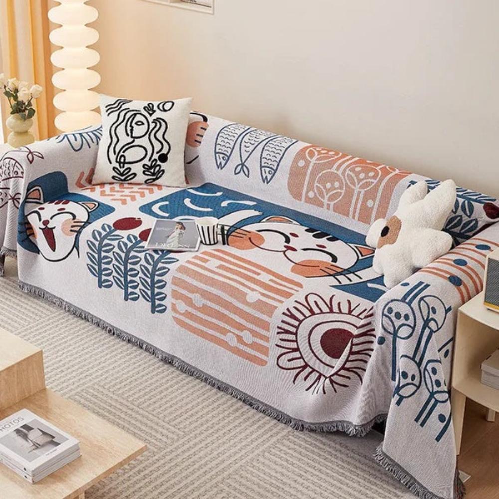Tassel Tide | Couch Cover with Jacquard Design & Tassels | Lightweight Cotton Linen Protector for All-Season Style 1