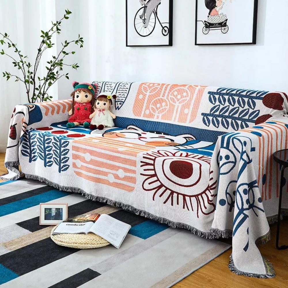Tassel Tide | Couch Cover with Jacquard Design & Tassels | Lightweight Cotton Linen Protector for All-Season Style 6