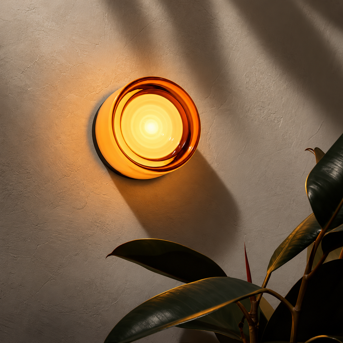 An amber glass wall sconce mounted on a textured beige wall, casting a warm glow and shadow, with green plant leaves entering from the bottom right.