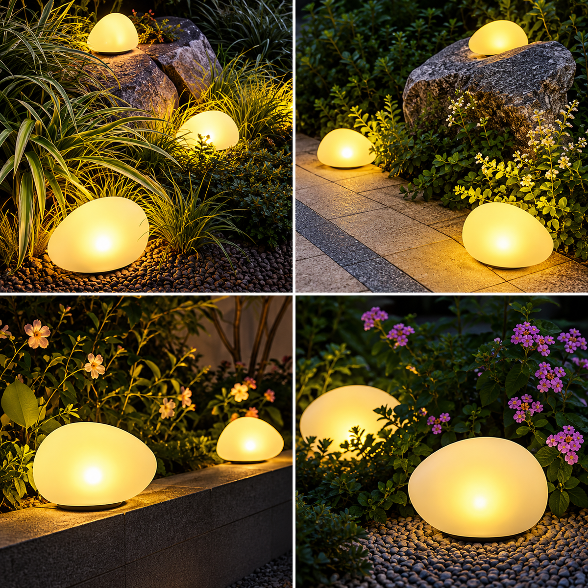Four-panel collage showing glowing oval outdoor ground lights placed in garden beds beside rocks, flowers, and stone paths at night.