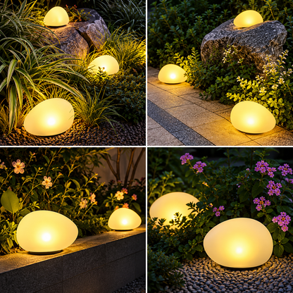 Four-panel collage showing glowing oval outdoor ground lights placed in garden beds beside rocks, flowers, and stone paths at night.