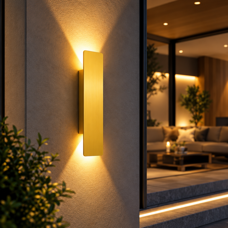 A modern vertical rectangular wall sconce in a warm brushed gold finish, mounted on a textured beige exterior wall and casting a soft golden glow. The background shows a softly blurred contemporary living room interior with warm ambient lighting.