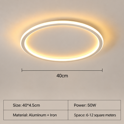 A circular LED ceiling light fixture shown illuminated against a plain wall, with a dimension line indicating a 40 cm diameter. A table at the bottom lists size, power, material, and installation space details.