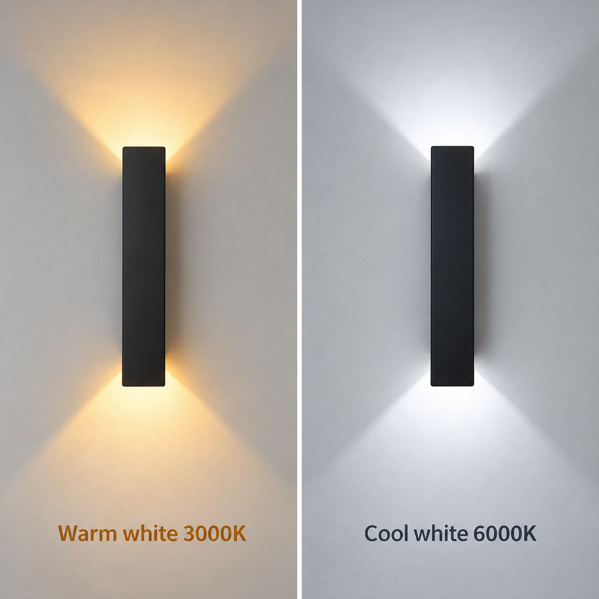 A split comparison of a modern rectangular wall sconce light in two lighting modes: warm white 3000K on the left, casting a warm yellow glow, and cool white 6000K on the right, casting a cool white glow. The light fixture itself is matte black.